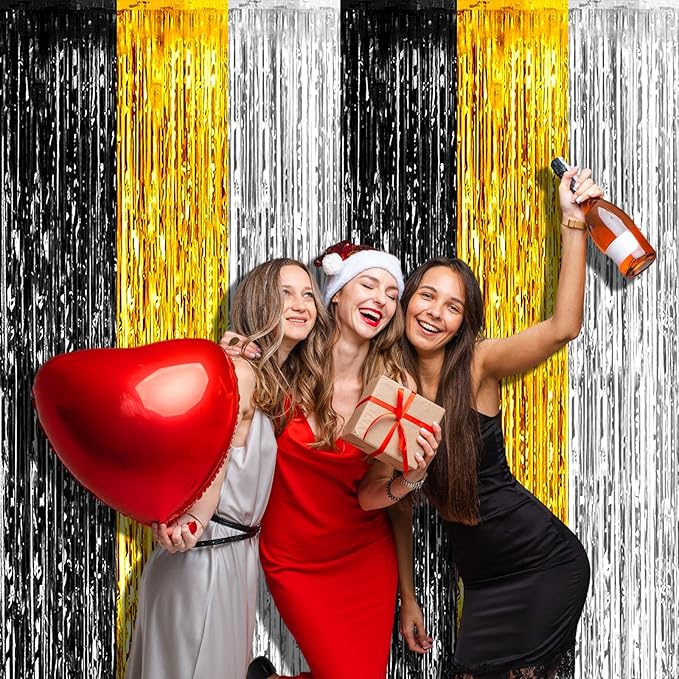 4 Pack 3.2Ft x 9.8Ft Black Gold Silver Foil Fringe Curtain Backdrop, Metallic Tinsel Foil Fringe Streamers for Photo Booth, Wedding, Notorious One Birthday Roaring 20s Graduation Party Decoration