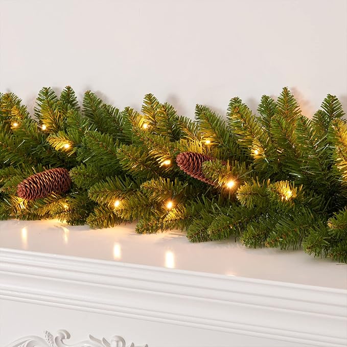 9Ft Pre-Lit Christmas Garland, Plug in, Green, 50 Clear Lights, Fireplace Stairs Mantle Door Indoor Outdoor, Decorated with Pine Cones