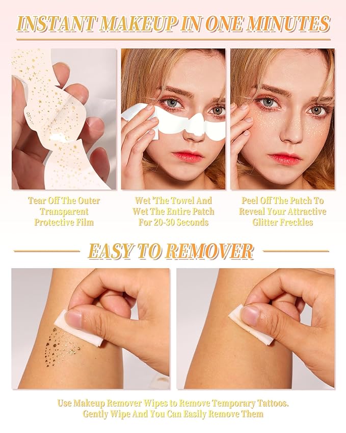 Glitter Freckles Face Tattoo Patches - 12PCS Temporary Sparkle Face Stickers with 10 Remover Wipes | Waterproof Festival Rave Party Makeup Accessories for Women Girls (Silver)