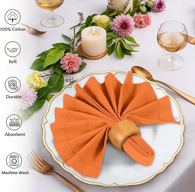 Ruvanti Cloth Napkins - 100% Cotton Dinner Napkins, Hem Stitched Corners, 18x18 Inch, 12 Pack - Soft, Absorbent, Durable, Reusable, Wrinkle Resistant for Formal Dining & Everyday Use - Orange Peel