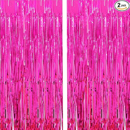2 Pcs 3.2ft x 8.2ft Shiny Hot Pink Metallic Tinsel Foil Fringe Curtains Photo Booth Backdrop for Birthday Wedding Holiday Celebration Bachelorette Party Decorations