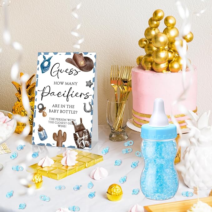 Roowest 512 Pcs Baby Shower Games Guess How Many Pacifiers Sign 100 Small Guessing Games 10 HB Pencils 750ml Milk Bottle 400 Acrylic Pacifiers Decoration for Guest Gender Reveal(Blue,Cowboy)