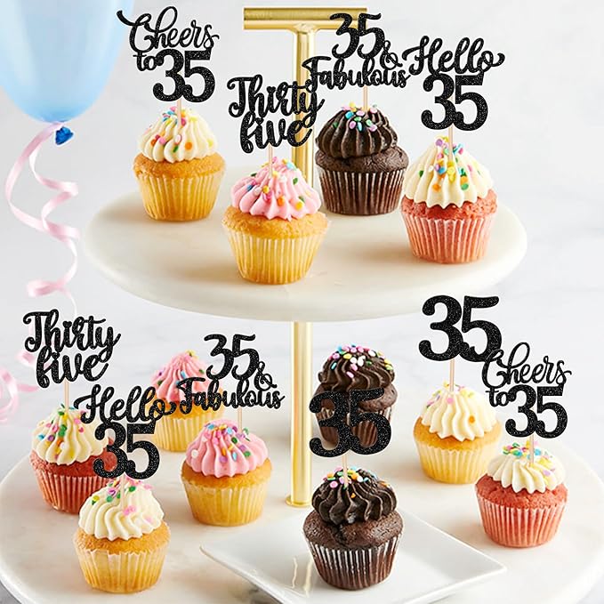 30PCS Happy 35th Birthday Cupcake Toppers Glitter Hello 35 Fabulous Thirty Five Cheers to 35 Years Old Birthday Cupcake Picks for Happy 35th Birthday Anniversary Party Cake Decor Supplies Black