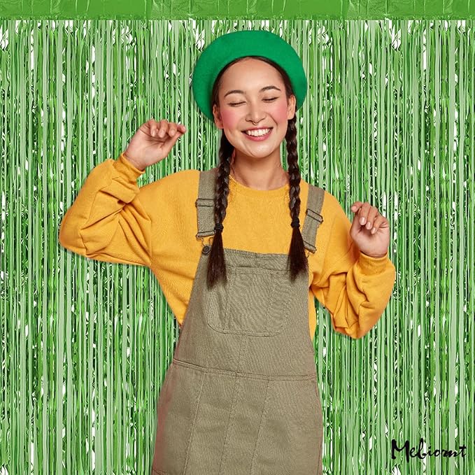 4 Pack Fringe Curtain Backdrop, 3.2Ft x 9.8Ft Light Green Metallic Tinsel Foil Fringe Streamers Background for Photo Booth Birthday Wedding Baby Shower Carnival Easter Mother’s Day Party Decorations