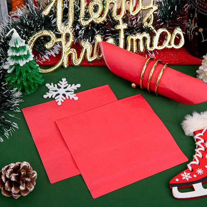 FLOWERCAT 100-Count 2-Ply Christmas Napkins & Red Cocktail Napkins - Napkins Disposable Premium Quality - 5" x 5" Red Paper Napkins for New Year Party & Christmas,Bar,Weddings,Birthday