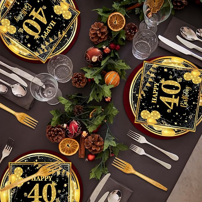 40th 7 inch Birthday Party Paper Plates and Napkins Forks 60 pcs Black Gold Decorations for Boys Girls Tableware Set for Birthday Anniversary Party Supplies,Serve 20