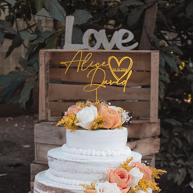 Noni Luxury Personalized Wedding Cake Topper with date and hear, Custom Cake topper, Gold Cake Topper wedding, Rustic Wedding Cake Topper, Mr and Mrs Topper for Wedding Cake, Personalized Cake Topper