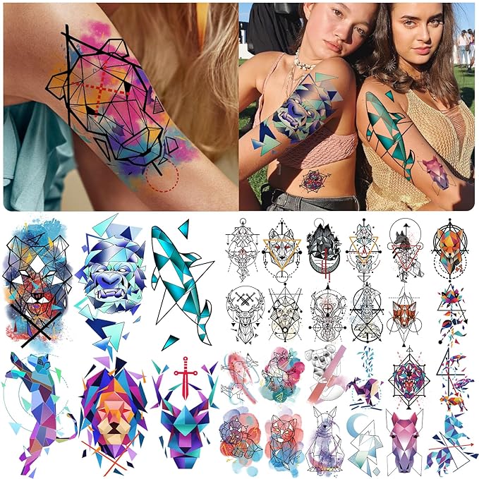 77 Sheets Geometric Animal Temporary Tattoo, 17 Sheets Half Arm 3D Lions Fox Wolf Owl Tiger Fake Tattoos for Adults Women Men, 60 Sheets Tiny Skull Cat Flower Tattoos Sticker for Kids Boy Girl