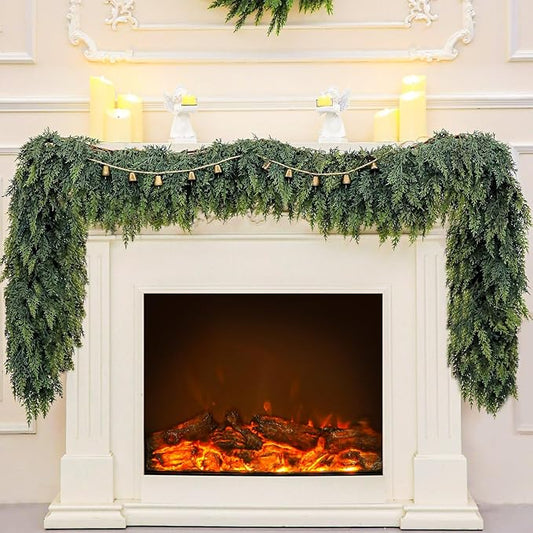 9Ft Real Touch Christmas Cedar Garland, Realistic Full Cedar Garland with Bells Decor, Green Artificial Pine Needles Garlands for Mantel, Fireplace, Stairs Railing, Tables, Christmas Decorations