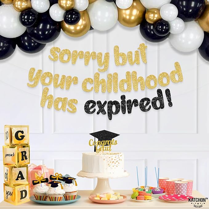 KatchOn, Sorry But Your Childhood Has Expired Banner - 10 Feet | Glitter Gold Birthday Sign for Graduation Decorations 2025 | Gold Birthday Banner for 18th Birthday Decorations