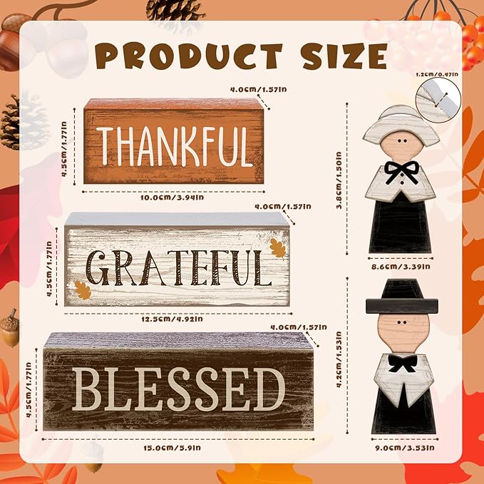 4 Pcs Thanksgiving Table Decoration Wooden Pilgrim Couple Decor Thanksgiving Tiered Tray Decor Fall Centerpiece Rustic Decorative Pilgrim Block Signs Gift Farmhouse for Home Kitchen