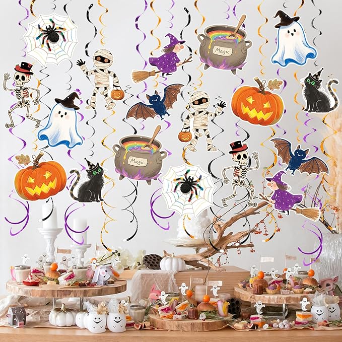 Halloween Hanging Party Decorations, 48 Pcs,Ceiling Decor Indoor Swirl Witches Cauldron Ghost Pumpkin Skull Cat Witch Party Supplies Sign,Black Purple Orange