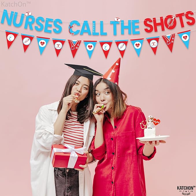 Katchon, Blue and Red Nurses Call The Shots Banner -10 Feet, NO DIY | Nurse Graduation Banner, Nurse Garland for Nurse Graduation Party Decorations | Grad Decorations 2025, nurse Party Supplies