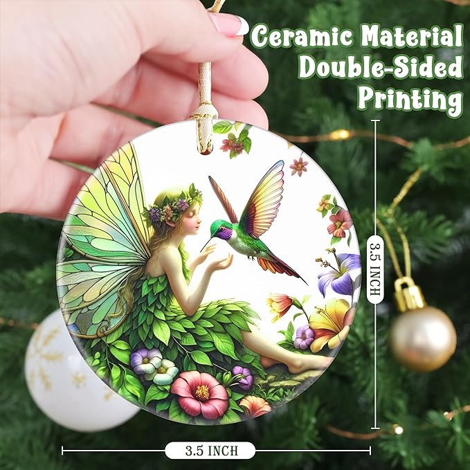 Touber Fairy & Hummingbird 3.5 Inch Ceramic Christmas Hanging Ornament for Christmas Tree Decor