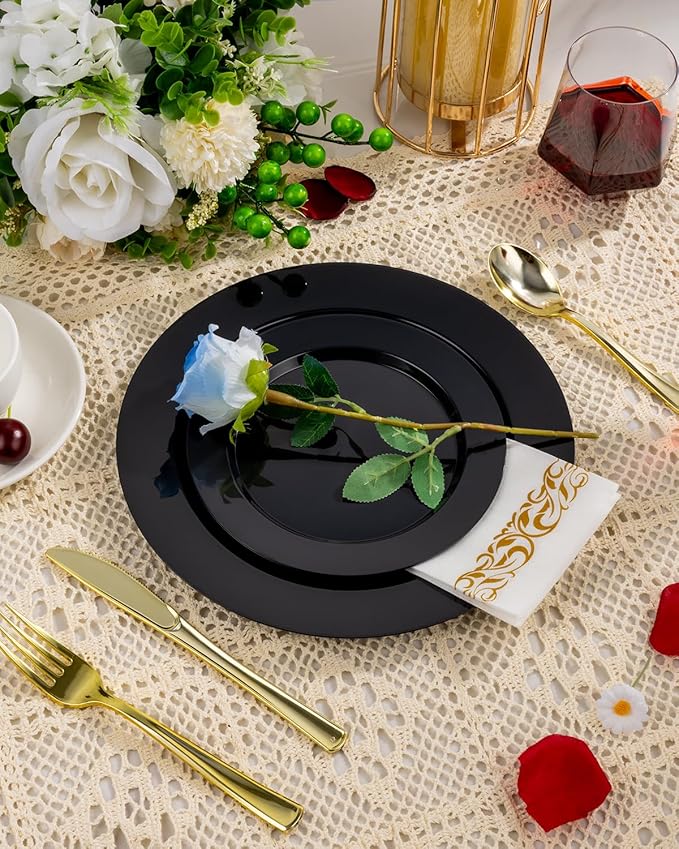 BESTVIP 50PCS Black Plastic Plates, 10.25 Inch Disposable Dinner Plate Party, Heavy Duty Disposable Plastic Plates - Ideal for Halloween Parties, Wedding and Birthday, Everyday Meals Use