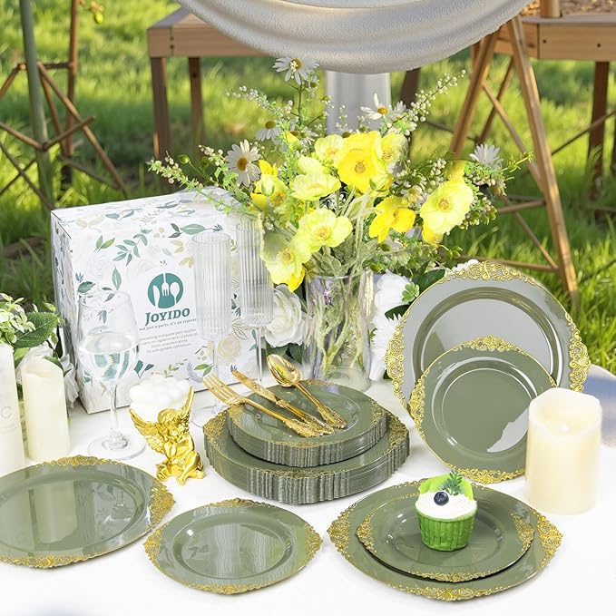 125PCS Olive Green Plastic Plates - Green and Gold Disposable Plates - Vintage Plate with Gold Plastic Silverware Sets for 25 Guests for Christmas & Party