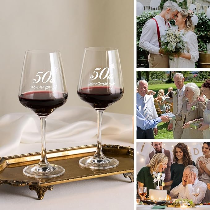 AW BRIDAL 50th Anniversary Wedding Gifts 50th Golden Couples Gifts 50th Wedding Gift for Parents, Husband, Wife - 50th Anniversary Wine Glasses with Wood Keepsake Box