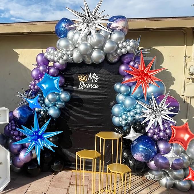 21 Pcs Star Balloons,22/18/10 Inch Star Foil Mylar Balloon,Spike Balloon and Four Pointed Balloons for Party Supplies Christmas Birthday Wedding Photo Booth (Silver Red Blue)