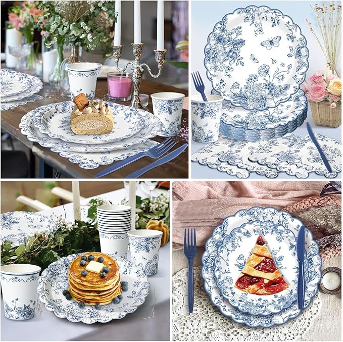Blue Floral Plates and Napkins Tableware Sets - Serves 24, Includes Flower Paper Plates, Napkins Cups Knives Forks, Vintage Floral Plate for Wedding Bridal Tea Party Supplies