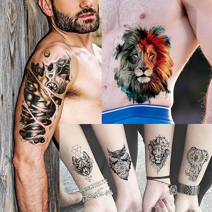 56 Sheets Watercolor Owl Tiger Lion Temporary Tattoos For Women Men Body Art Arm Thigh, 3D Long Lasting Realistic Fake Tattoo Sleeve Stickers For Adults, Wolf Fox Leopard Bulk Temp Tatoos Kids