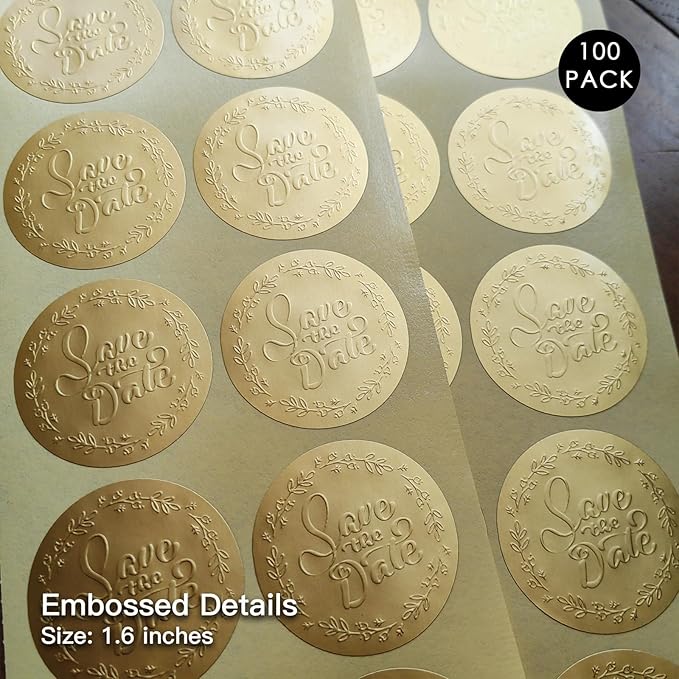 100 x Embossed Save The Date Stickers – Gold Foil Wedding Labels – Metallic Foil Envelope Seals – Elegant Invitation Stickers – Embossed Party Favor Tags (1.6 Inch)