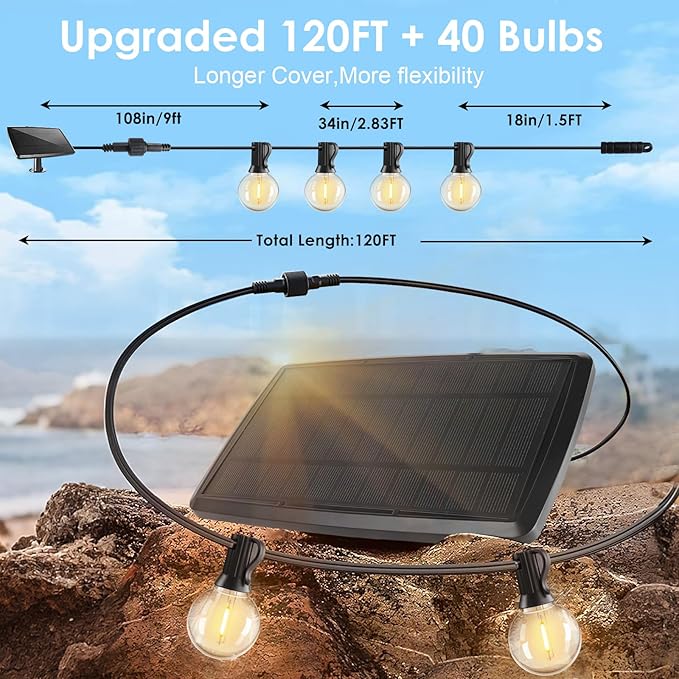 120FT Solar String Lights Outdoor Waterproof with Remote, G40 Solar Powered String Lights with 40+2 LED Shatterproof Bulbs, Dimmable Solar Patio Hanging Lights for Outside Backyard Party