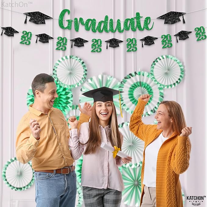KatchOn, Glitter, Green and Black Graduation Banner - 10 Feet | Congrats Grad Banner for Grad Cap Decorations | Green Graduation Decorations 2025 | Congratulations Decorations | Class of 2025 Decorations
