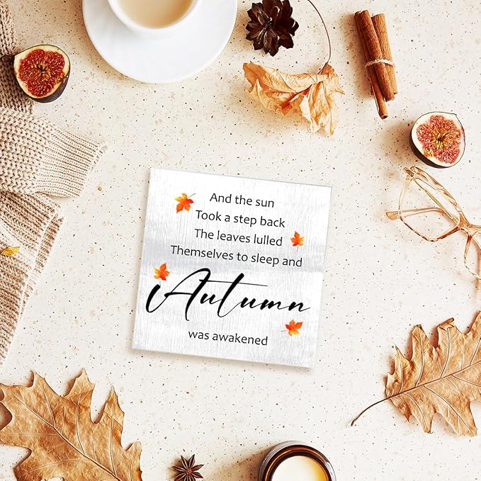 Funny Autumn Wood Box Sign Autumn is Awakened Wooden Block Desk Decor for Home Office Kitchen Cubicle Table Shelf Tabletop,Farmhouse Fall Sign Decor