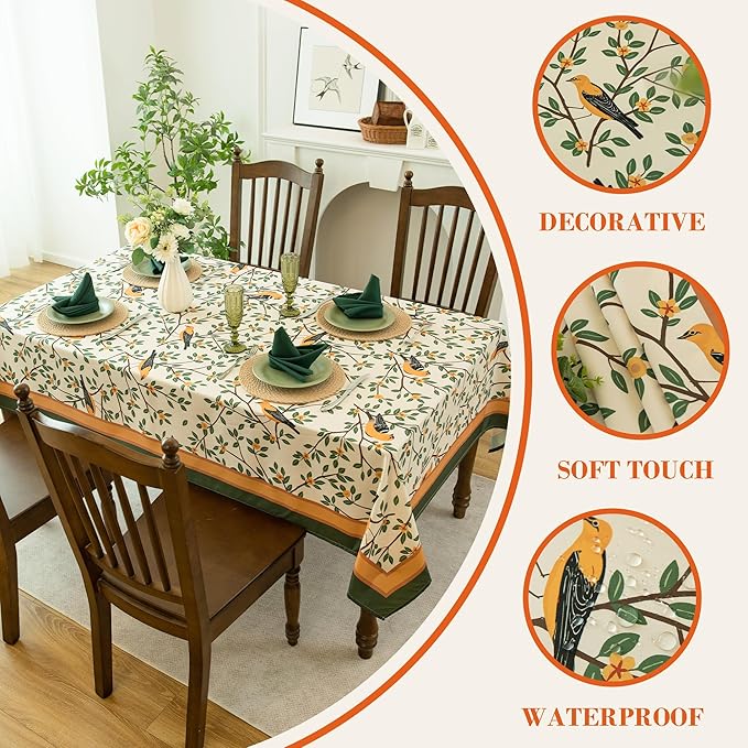 French Tablecloth Waterproof, Kumquat and Oriole Vintage Style Print – Stain Resistant, Washable Fabric Table Cover for Dining, Kitchen, Party, Vibrant Nature-Inspired Home Decor, W52 x L70