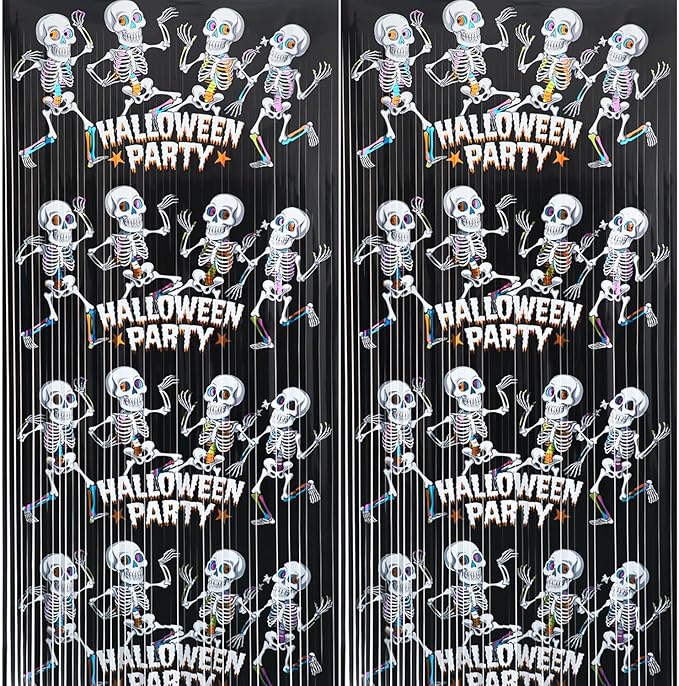GOER Foil Curtain Backdrop for Halloween Party Decorations| Metallic Tinsel Halloween Theme Photo Booth Props (2 Pcs)