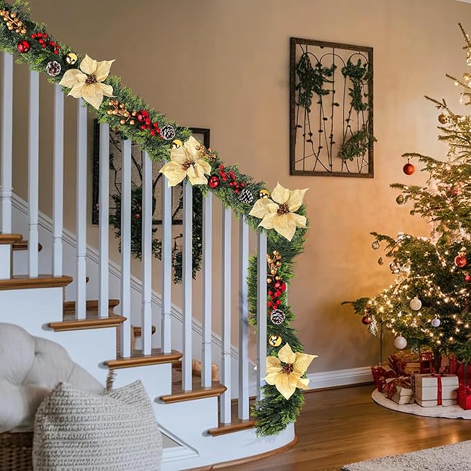 6FT Christmas Cedar Garland for Mantle, 1PCS Realistic Christmas Pine Garland with Flowers Berries Pinecones Balls, Artificial Real Touch Soft Cedar Garlands for Winter Indoor Outdoor Xmas Decoration