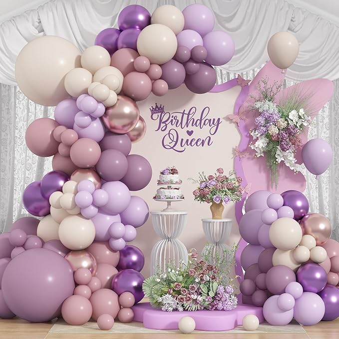 Dusty Purple Balloons Garland Arch Kit, Pink Purple Metallic Rose Gold Balloon, Lilac Retro Pink Sand White Balloon for Boho Baby Shower Bridal Wedding Birthday Mother's day Butterfly Party Decoration