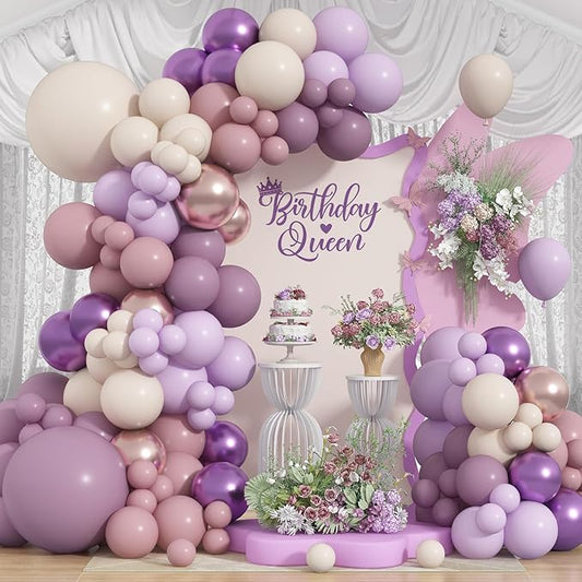 Dusty Purple Balloons Garland Arch Kit, Pink Purple Metallic Rose Gold Balloon, Lilac Retro Pink Sand White Balloon for Boho Baby Shower Bridal Wedding Birthday Mother's day Butterfly Party Decoration