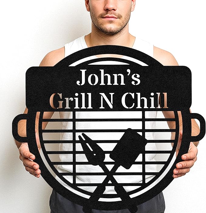 Custom BBQ Grill Metal Sign Personalized Name Wall Art for Outdoor Barbecue Patio Kitchen Backyard Decor Gift for Dad Husband Men Papa Grandpa Father Grilling Enthusiasts Family Lover Funny Gifts 20