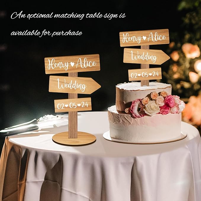 Personalized Rustic Wedding Cake Topper in Wood Custom Bride & Groom Names Initials Wedding Date Cake Decoration (Oak Texture)