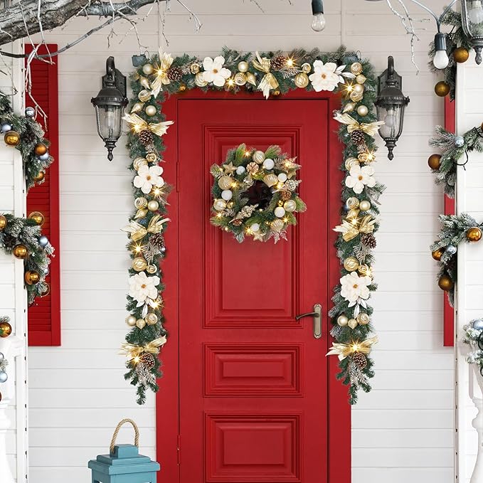 GarveeHome 6 ft Christmas Garland with Lights for Mantle, Lighted Battery Operated Christma Garland with Gold Balls Pine Cones Magnolia Flowers for Table Centerpiece Fireplace Window Outdoor Decor