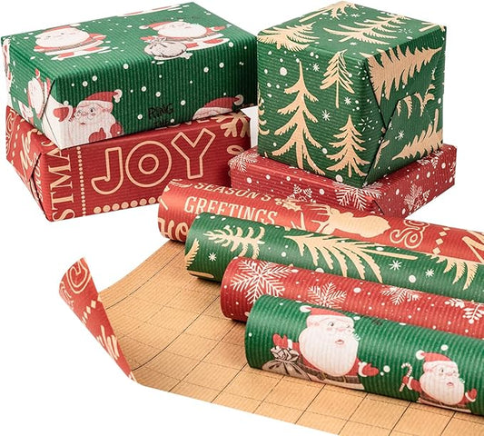 RUSPEPA Kraft Wrapping Paper Rolls - 17 inches x 10 feet per Roll, Total of 4 Rolls, Santa Claus, Snowflake and Christmas Tree Design