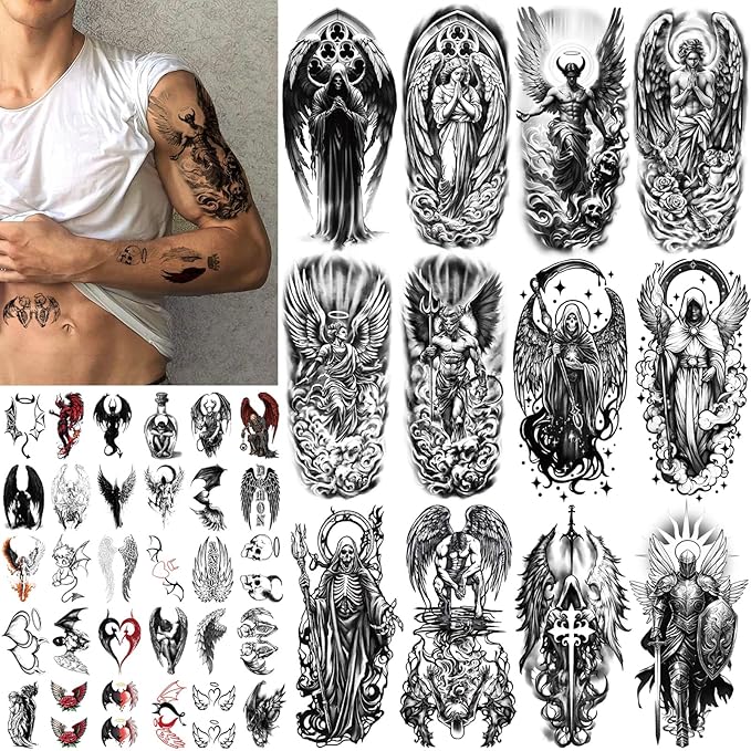 77 Sheets Temporary Tattoo for Women Men, 17 Sheets Half Arm Large Black Angel Devil Fake Tattoos, 60 Sheets Skull Heart Wings Tiny for Adult Kids Cosplay Party Body Tattoos Stickers Realistic