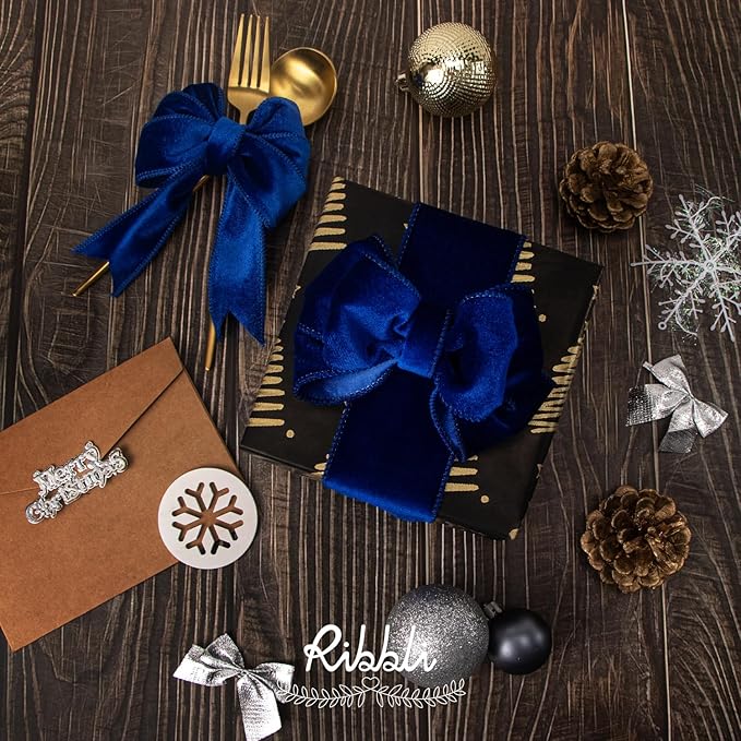 Ribbli Royal Blue Velvet Wired Ribbon 1.5 Inch Velvet with Satin Christmas Ribbon for Gift Wrapping Christmas Tree Decoration Crafts Wreaths Supplies-Continuous 10 Yards