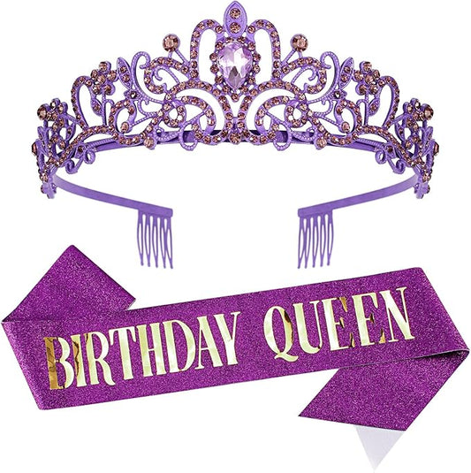 Velscrun Happy Birthday Queen Violets Tiara Crowns for Women, Birthday Girl Sash, Party Favors & Decorations