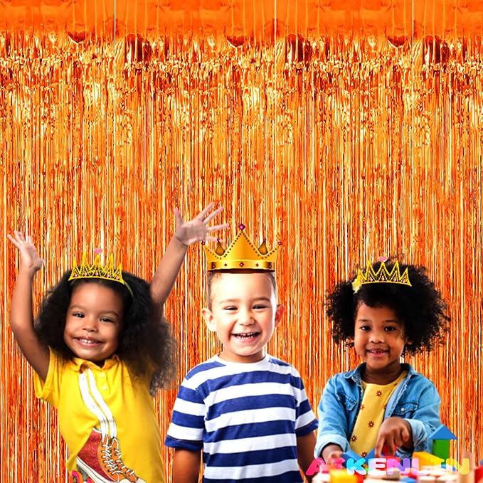 4 Pack Orange Foil Fringe Curtain Backdrop, 3.2Ft x 9.8Ft Metallic Tinsel Foil Fringe Streamers Curtains for Party, Photo Booth Prop, Birthday, Wedding, Christmas Party Decoration Supplies