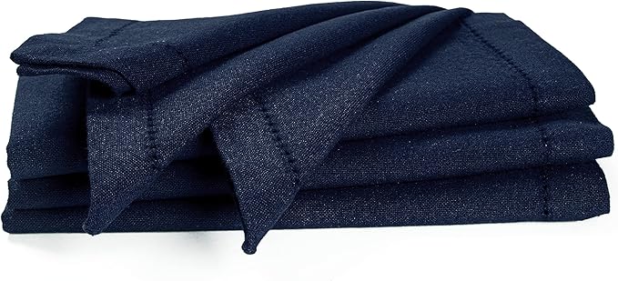 Palisa Cloth Dinner Napkins with Hemstitched Detailing & Mitered Corners Set of 4 (18x18 Inches) Navy - Cotton Reusable Dinner Napkins - Perfect for Weddings & Everyday Use