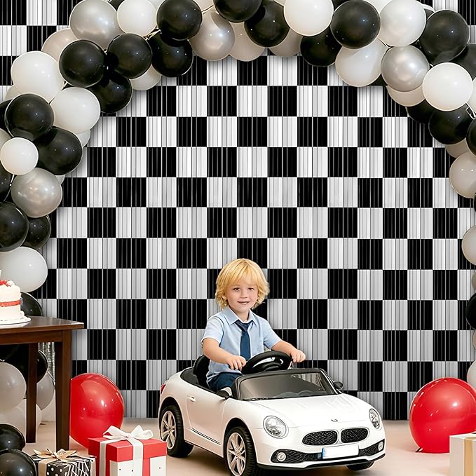 Crosize 3 Pack 3.3 x 9.9 ft Black & White Foil Fringe Curtains Party Decorations, Black & White Tinsel Curtain Backdrop for Parties, Door Streamers, Glitter Streamer Backdrop for Birthday Decoration