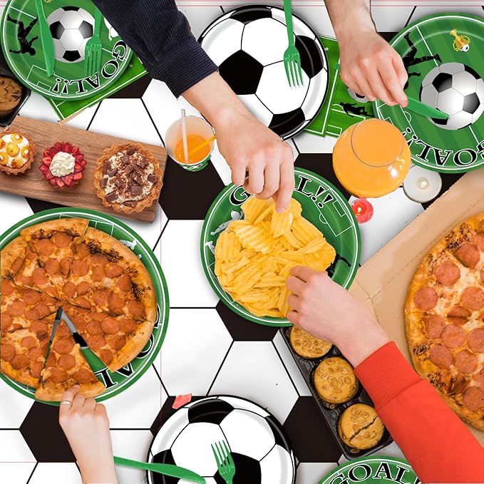 168 Pcs Soccer Theme Party Supplies Set, Plates, Cups, Napkins, Tablecloth and Banner, Sports Birthday Decorations for 24 Guests