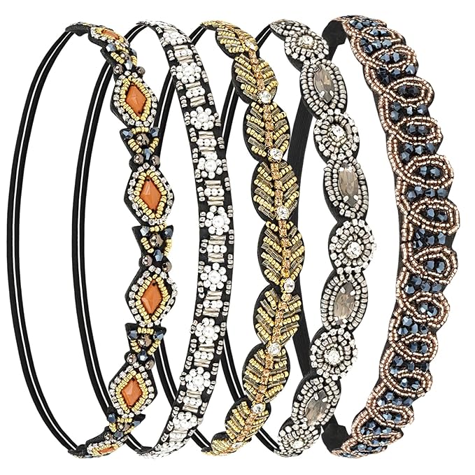 AMCAMI 5-Piece Rhinestone Beaded Hairband Set for Women - Fancy Elastic Headbands with Jeweled Crystal Beads - Handmade Hair Accessories for Women, Girls, and Ladies