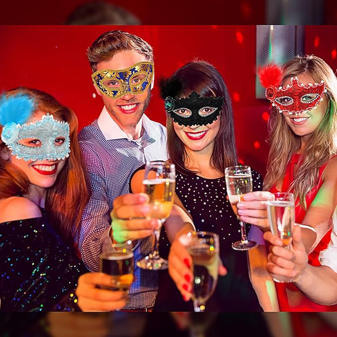 Sratte 16 Pcs Couple Masquerade Mask with Feather Flower Unisex Half Face Venetian Mask for Mardi Gras Party (Feather)