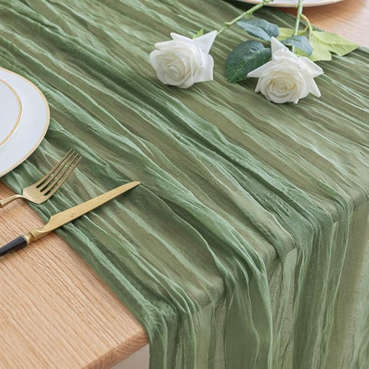 Asee'm Cheesecloth Table Runner 120 Inches Sage Green Boho Gauze Cheese Cloth Runner 10FT Rustic Sheer Fall Table Runners for Thanksgiving Wedding Baby Shower Holiday Party Decoration