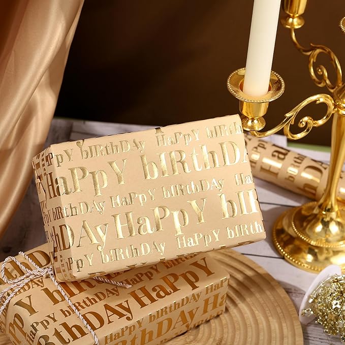 WRAPAHOLIC Jumbo 3D Kraft Birthday Wrapping Paper Roll - 30 Inch x 16.5 Feet - Gold and Brown Happy Birthday Wrapping Paper with Embossed Perfect for Holiday, Party Celebration