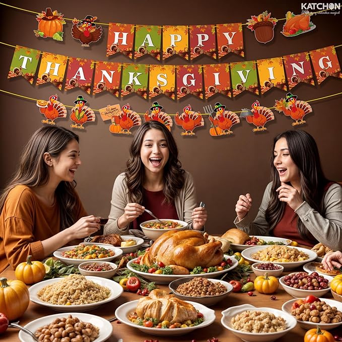 KatchOn, Happy Thanksgiving Banner - 10 Feet, No DIY | Pumpkin Turkey Decorations, Thanksgiving Decorations Indoor, Outdoor, Home | For Fall Decor, Harvest Decoration, Party Supplies