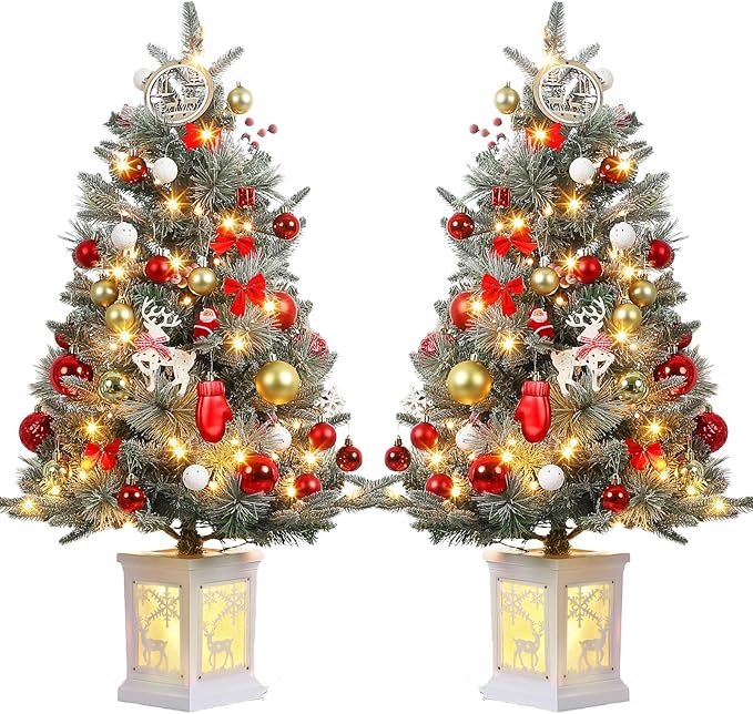 GarveeHome 3 ft Prelit Christmas Tree with 78 Warm Lights & Red Berry, Artificial Xmas Trees with Elk Light Box Base, for Home, Office, Fireside Christmas Decoration, Set of 2